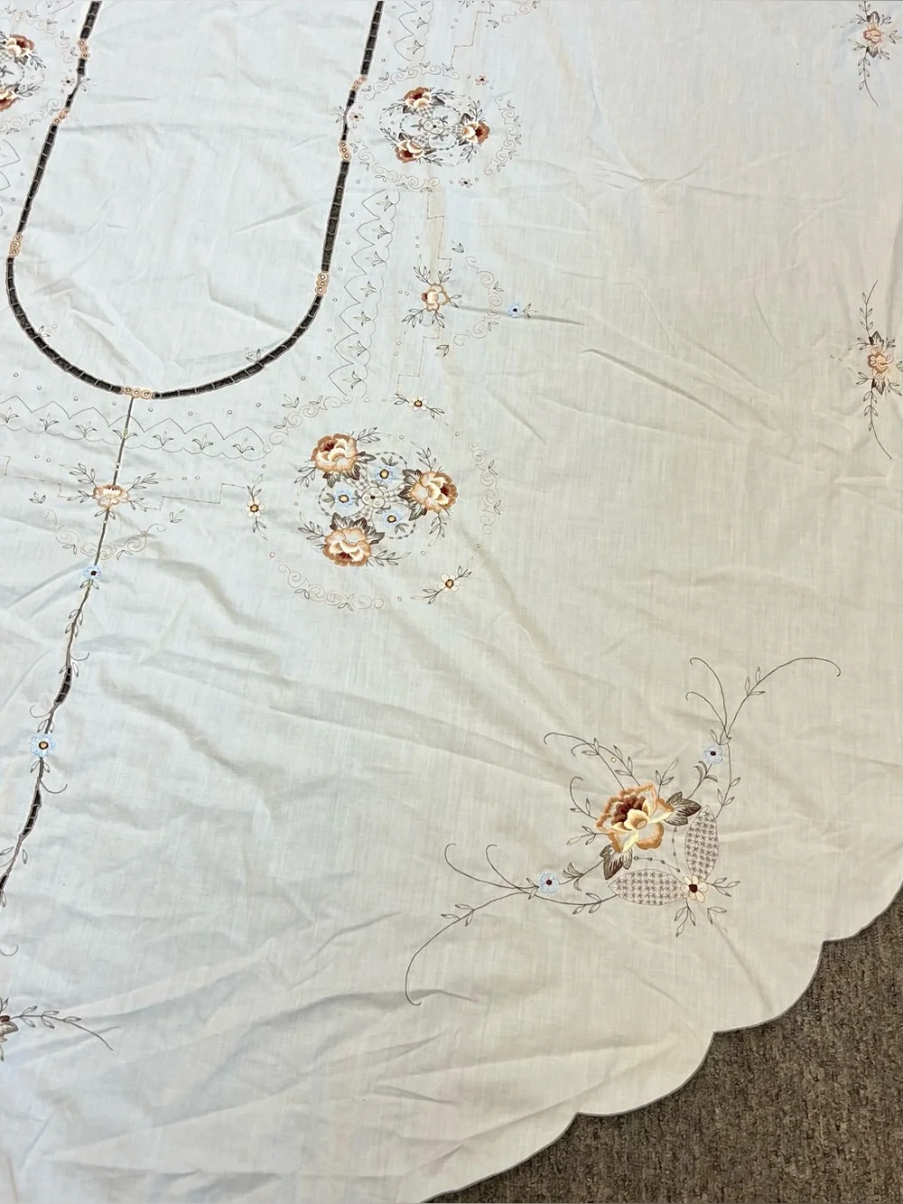 Vintage Oval Tablecloth Floral Hand Embroidered Scalloped Edge White 68”x83.5”